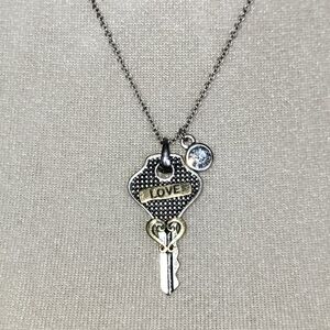 Love Key Heard Gem Charm Silvertone Rhinestone Necklace